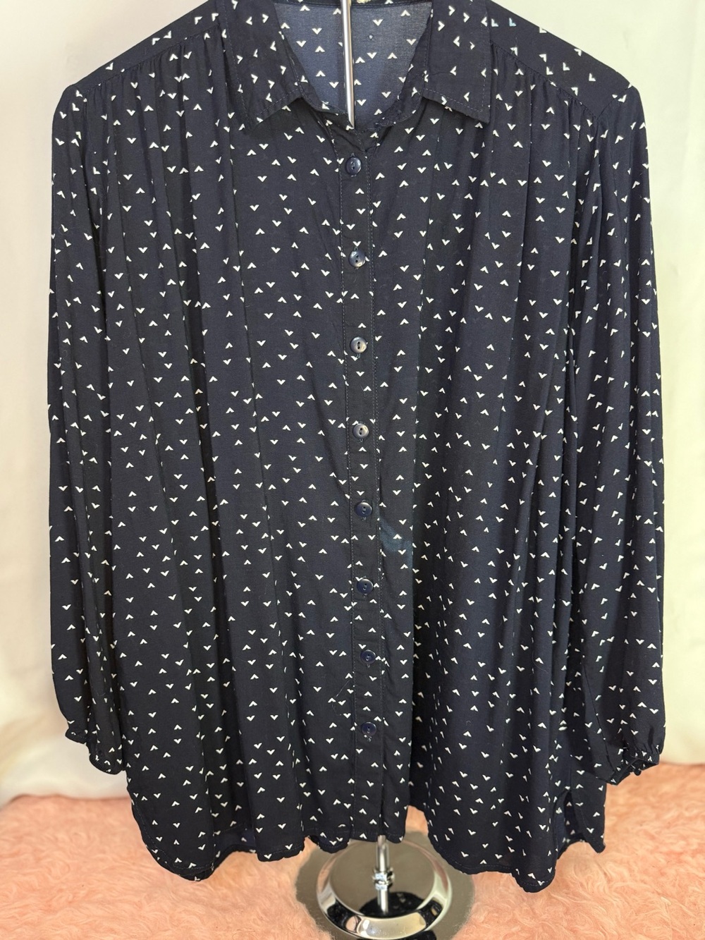 Lilya - Navy Button-Front Blouse with White Micro Print - Size M